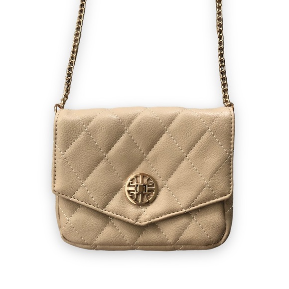 Handbags - Cream Quilted Crossbody Bag with Gold Chain Strap